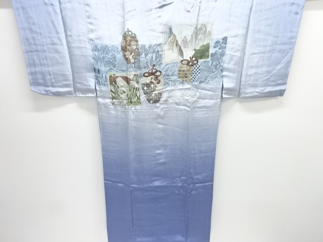 JAPANESE KIMONO / MENS JUBAN / SILK / TEA CADDY & SCENERY PATTERN